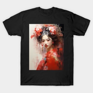 Japanese Girl in Red With Flowers in Her Hair T-Shirt